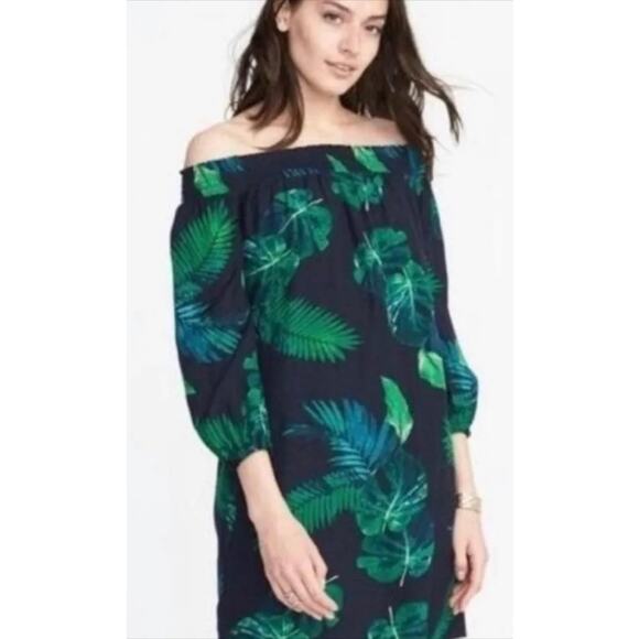 Old Navy 3/4 Sleeve Tropical Blue Green Ruffle Elastic Off Shoulder Dress Sz XL - Picture 2 of 8